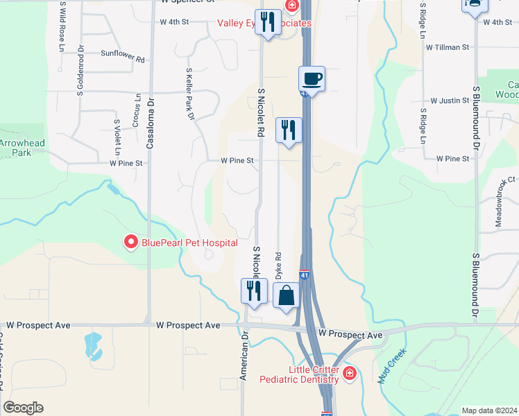 map of restaurants, bars, coffee shops, grocery stores, and more near 1231 West Nicolet Circle in Neenah
