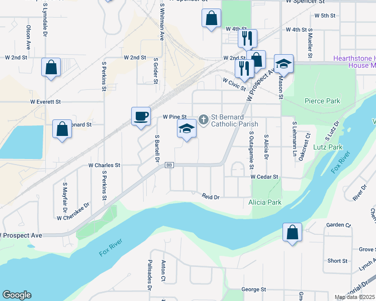 map of restaurants, bars, coffee shops, grocery stores, and more near 1600 West Prospect Avenue in Appleton