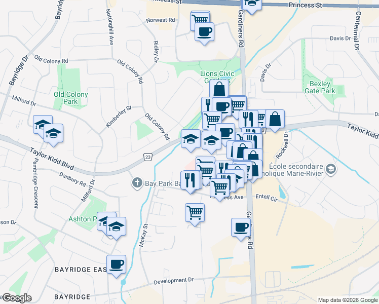 map of restaurants, bars, coffee shops, grocery stores, and more near 742 Arlington Park Place in Kingston