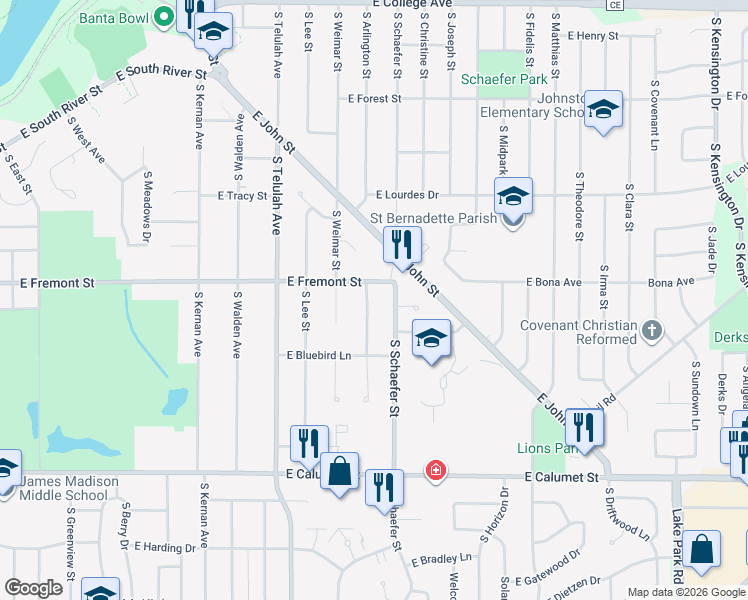 map of restaurants, bars, coffee shops, grocery stores, and more near 1920 East Fremont Street in Appleton
