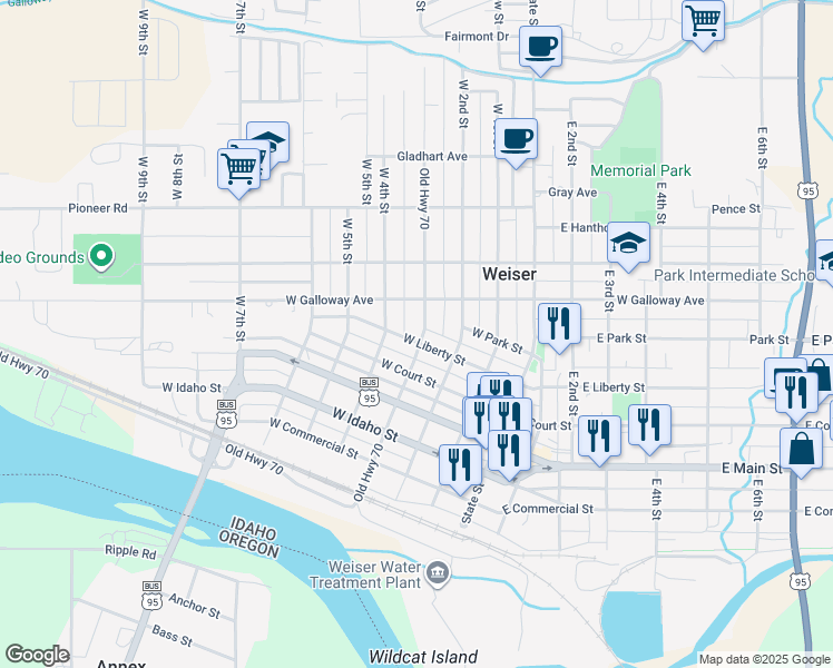 map of restaurants, bars, coffee shops, grocery stores, and more near 308 West Liberty Street in Weiser