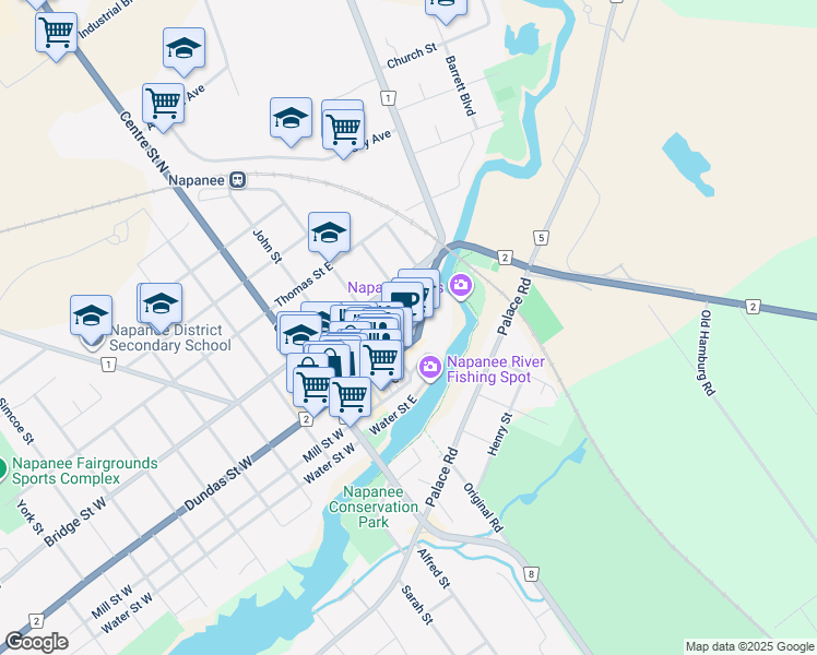 map of restaurants, bars, coffee shops, grocery stores, and more near 85 Dundas Street East in Napanee