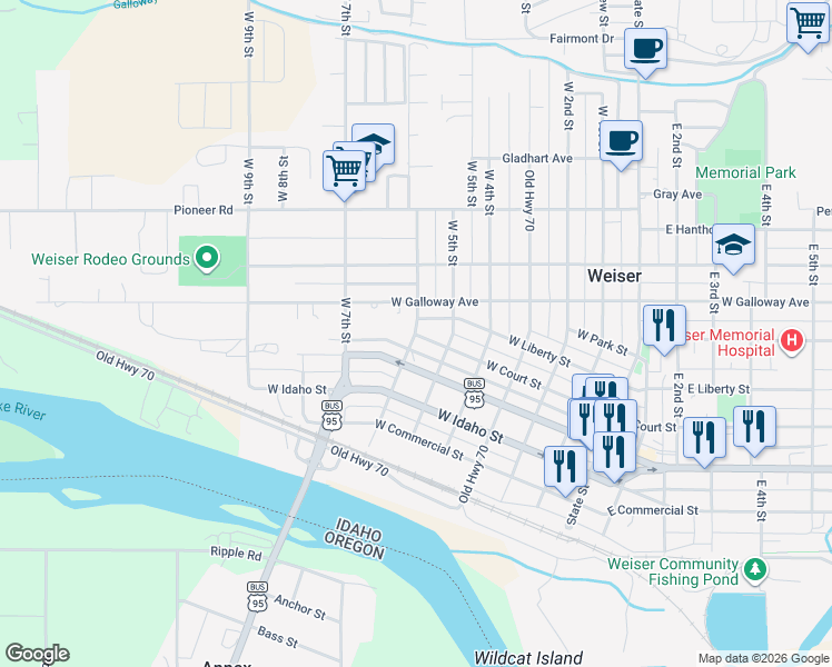map of restaurants, bars, coffee shops, grocery stores, and more near 606 West 6th Street in Weiser