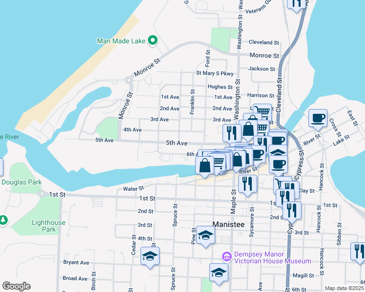 map of restaurants, bars, coffee shops, grocery stores, and more near 270 5th Avenue in Manistee