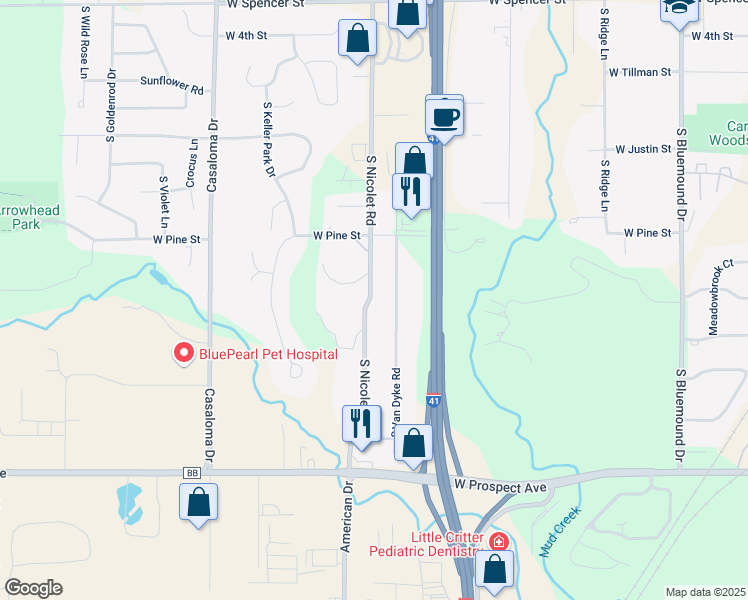 map of restaurants, bars, coffee shops, grocery stores, and more near 1441 South Van Dyke Road in Appleton