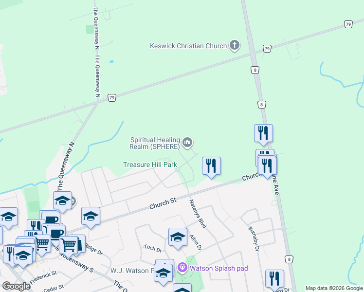 map of restaurants, bars, coffee shops, grocery stores, and more near 30 Donald Ingram Crescent in Georgina