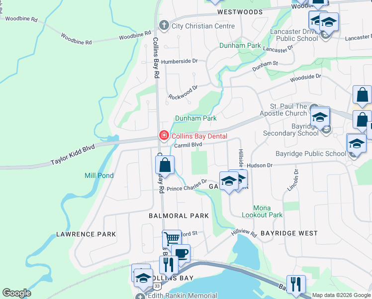 map of restaurants, bars, coffee shops, grocery stores, and more near 1232 Carmil Boulevard in Kingston