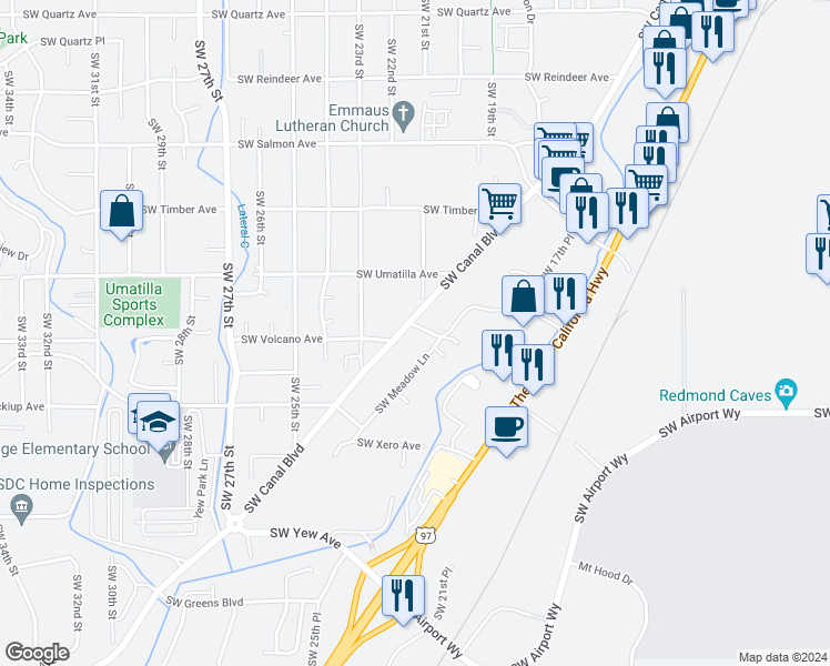map of restaurants, bars, coffee shops, grocery stores, and more near 2102 Southwest Volcano Avenue in Redmond