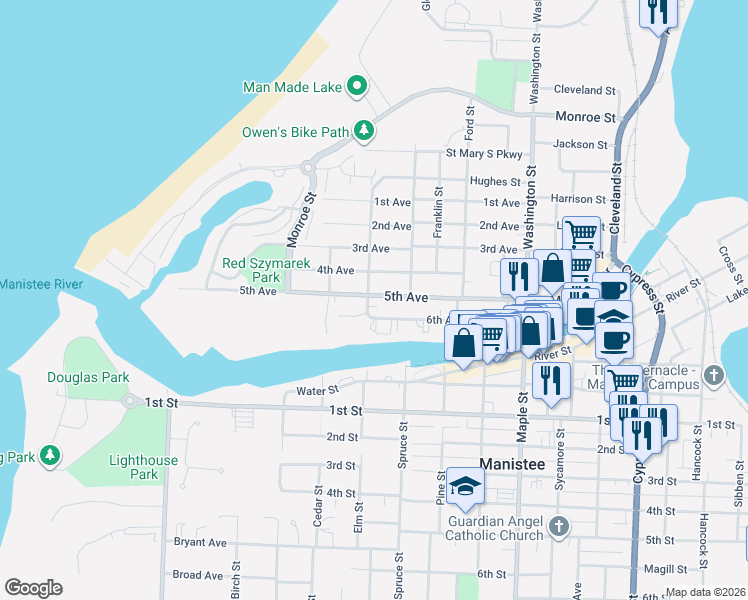 map of restaurants, bars, coffee shops, grocery stores, and more near 297 5th Avenue in Manistee
