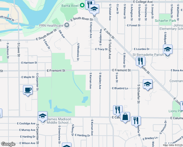 map of restaurants, bars, coffee shops, grocery stores, and more near 1410 South Kernan Avenue in Appleton