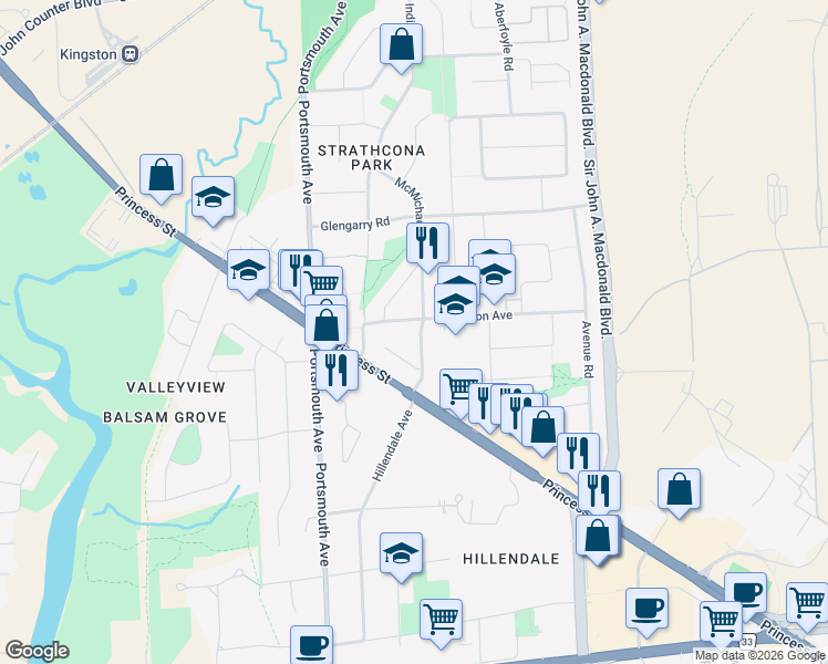 map of restaurants, bars, coffee shops, grocery stores, and more near 52 McMichael Street in Kingston