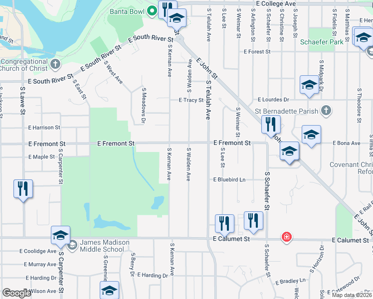 map of restaurants, bars, coffee shops, grocery stores, and more near 1508 East Fremont Street in Appleton
