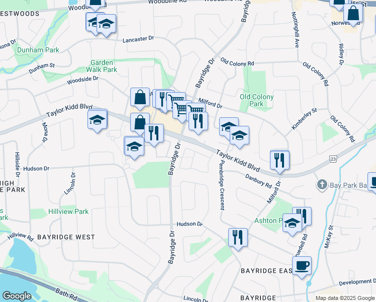 map of restaurants, bars, coffee shops, grocery stores, and more near 991 Amberdale Crescent in Kingston