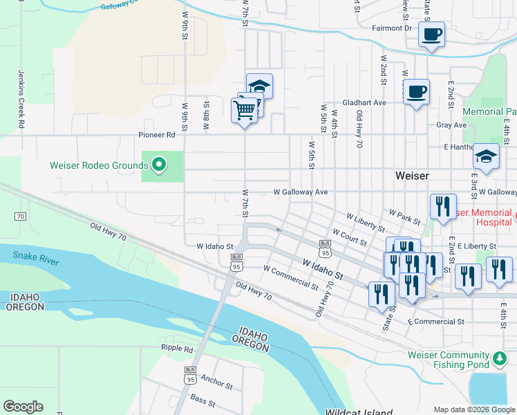 map of restaurants, bars, coffee shops, grocery stores, and more near 856 West 7th Street in Weiser