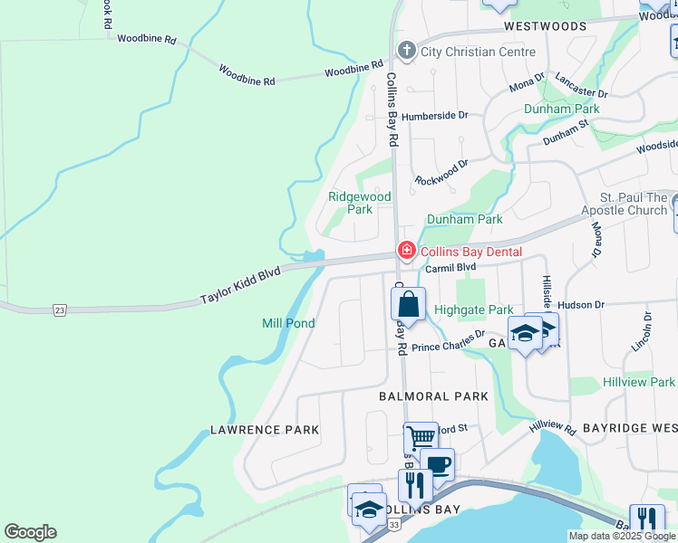 map of restaurants, bars, coffee shops, grocery stores, and more near Taylor Kidd Blvd in Kingston