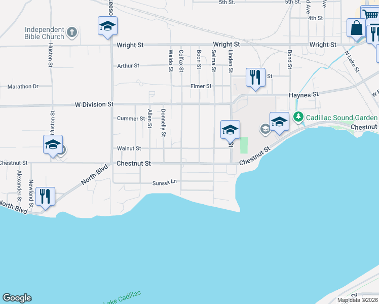 map of restaurants, bars, coffee shops, grocery stores, and more near 400-498 Colfax Street in Cadillac