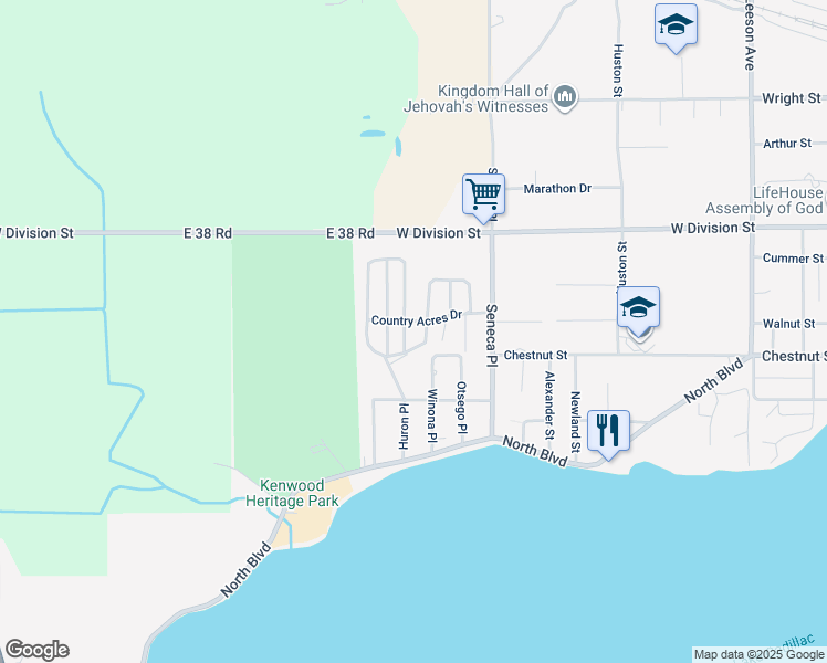 map of restaurants, bars, coffee shops, grocery stores, and more near 403 Darelnor Street in Cadillac