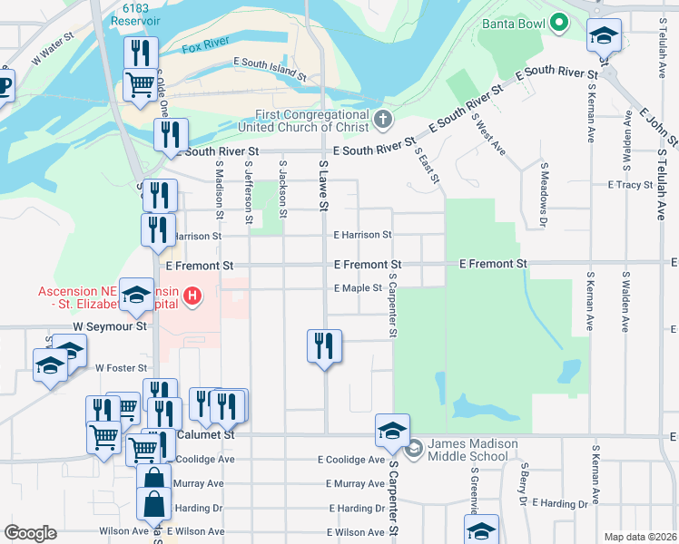 map of restaurants, bars, coffee shops, grocery stores, and more near 626 East Fremont Street in Appleton