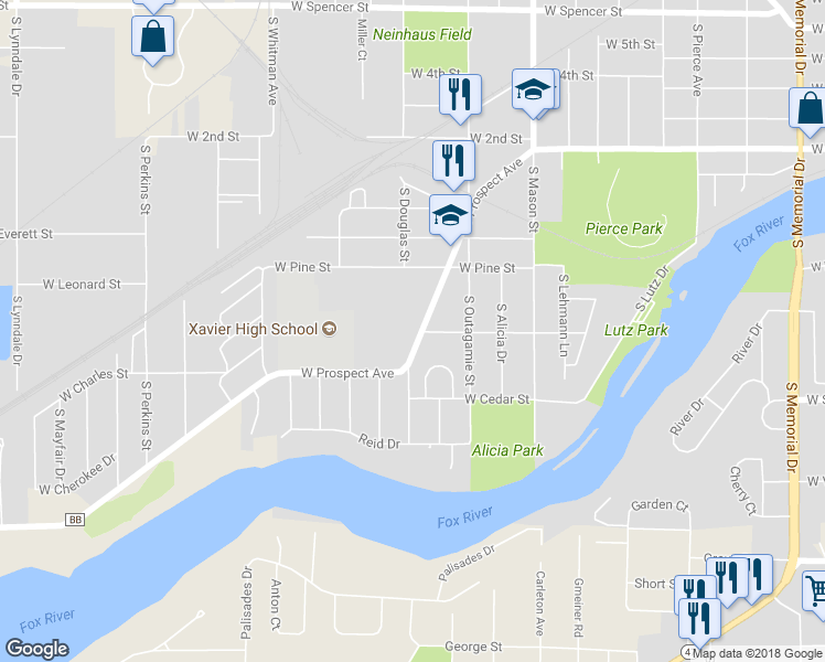 map of restaurants, bars, coffee shops, grocery stores, and more near 1542 West Prospect Avenue in Appleton