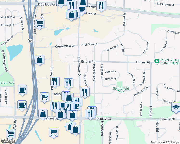 map of restaurants, bars, coffee shops, grocery stores, and more near 272 Eastowne Lane in Appleton