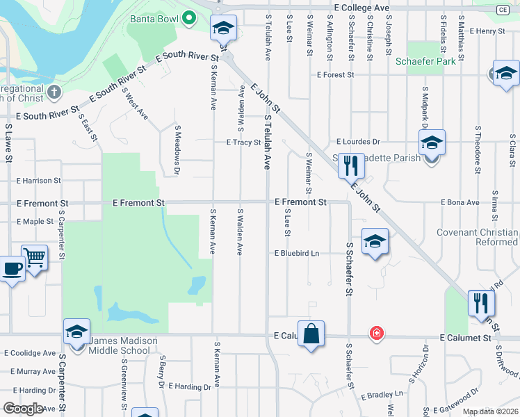 map of restaurants, bars, coffee shops, grocery stores, and more near in Appleton