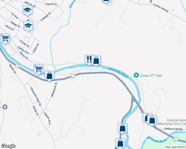 map of restaurants, bars, coffee shops, grocery stores, and more near 197 River Street in Montpelier
