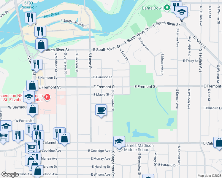 map of restaurants, bars, coffee shops, grocery stores, and more near 724 East Fremont Street in Appleton