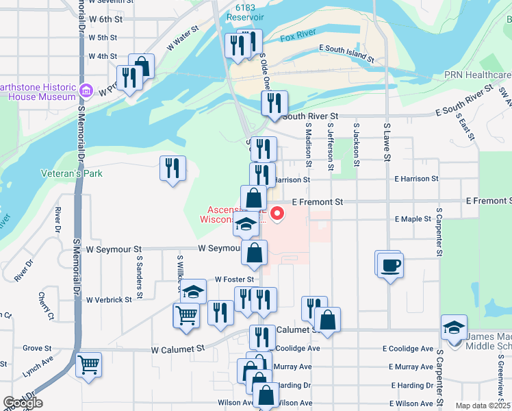 map of restaurants, bars, coffee shops, grocery stores, and more near 1335 South Oneida Street in Appleton