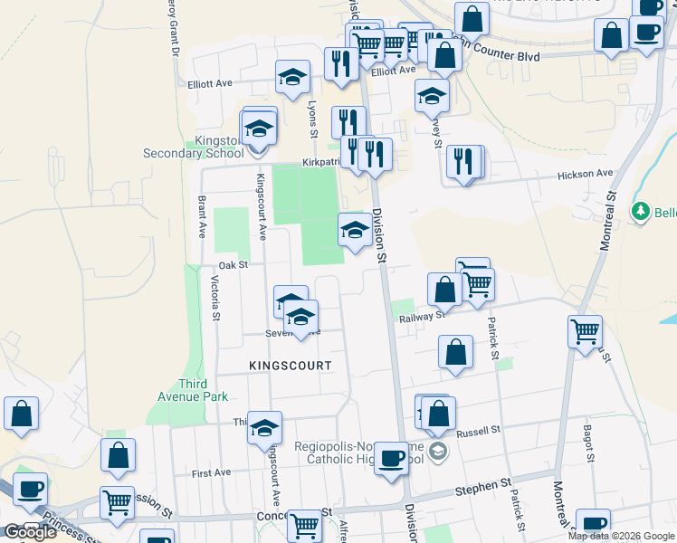 map of restaurants, bars, coffee shops, grocery stores, and more near 769 Alfred Crescent in Kingston