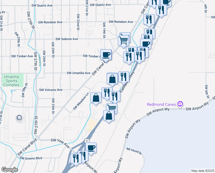 map of restaurants, bars, coffee shops, grocery stores, and more near 2872 Southwest 17th Place in Redmond