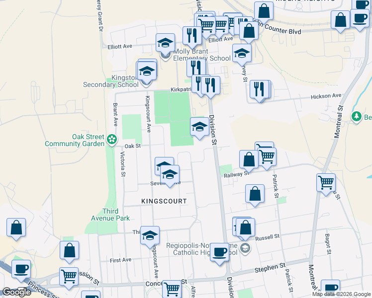 map of restaurants, bars, coffee shops, grocery stores, and more near 771 Alfred Crescent in Kingston