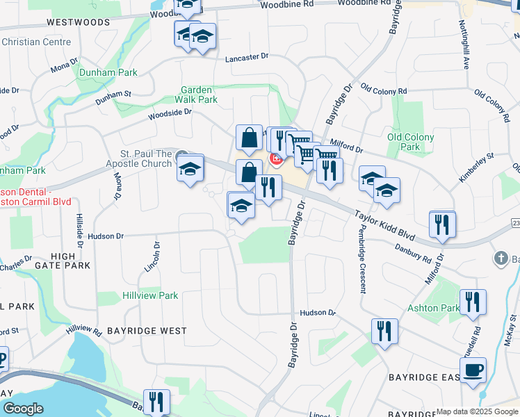 map of restaurants, bars, coffee shops, grocery stores, and more near in Kingston