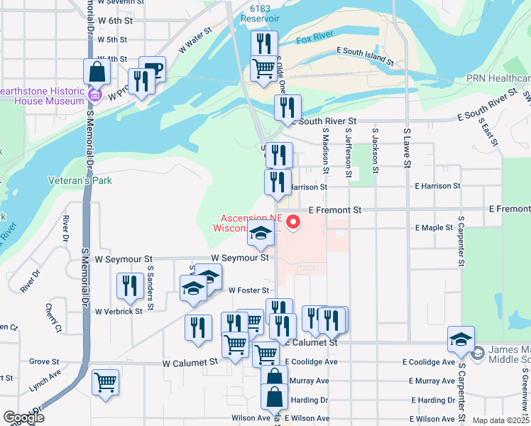 map of restaurants, bars, coffee shops, grocery stores, and more near 1335 South Oneida Street in Appleton