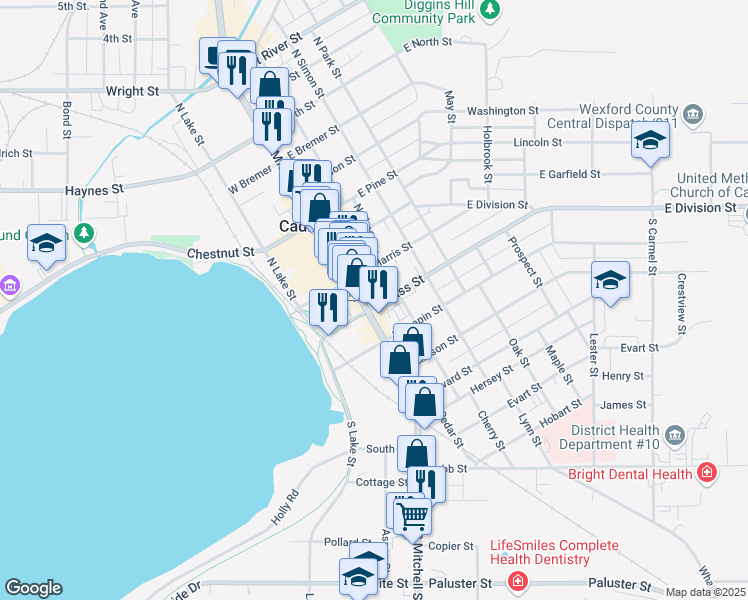 map of restaurants, bars, coffee shops, grocery stores, and more near 123 South Mitchell Street in Cadillac