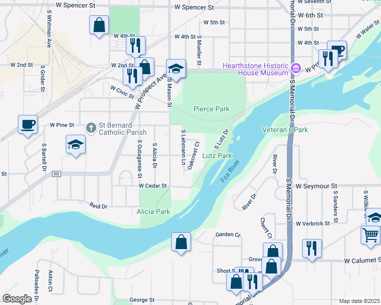 map of restaurants, bars, coffee shops, grocery stores, and more near 1138 West Oakcrest Drive in Appleton
