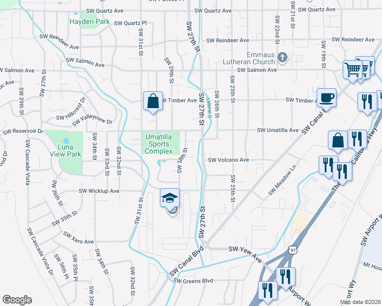 map of restaurants, bars, coffee shops, grocery stores, and more near 2745 Southwest Volcano Court in Redmond