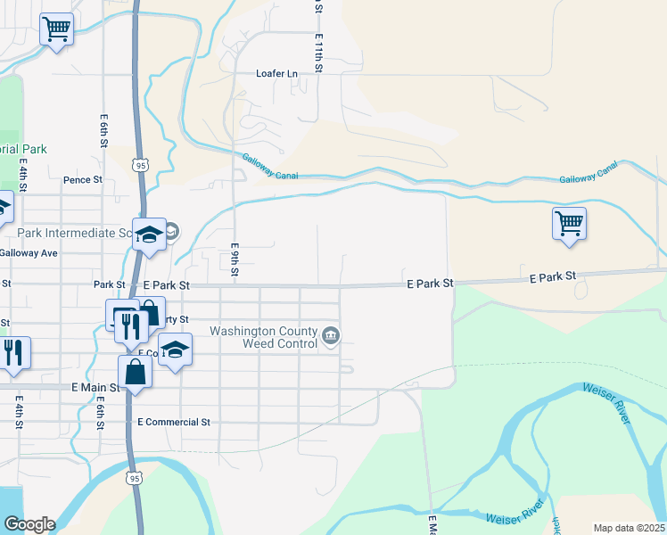 map of restaurants, bars, coffee shops, grocery stores, and more near 1180 East Park Street in Weiser