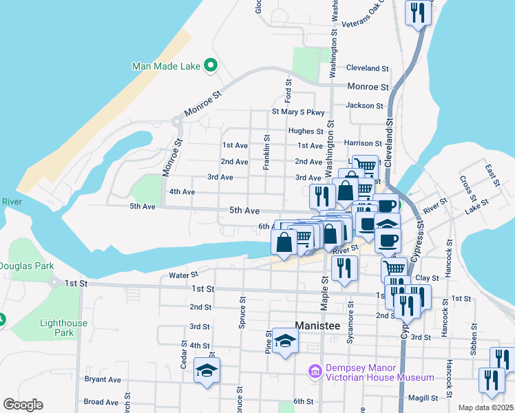 map of restaurants, bars, coffee shops, grocery stores, and more near 270 5th Avenue in Manistee