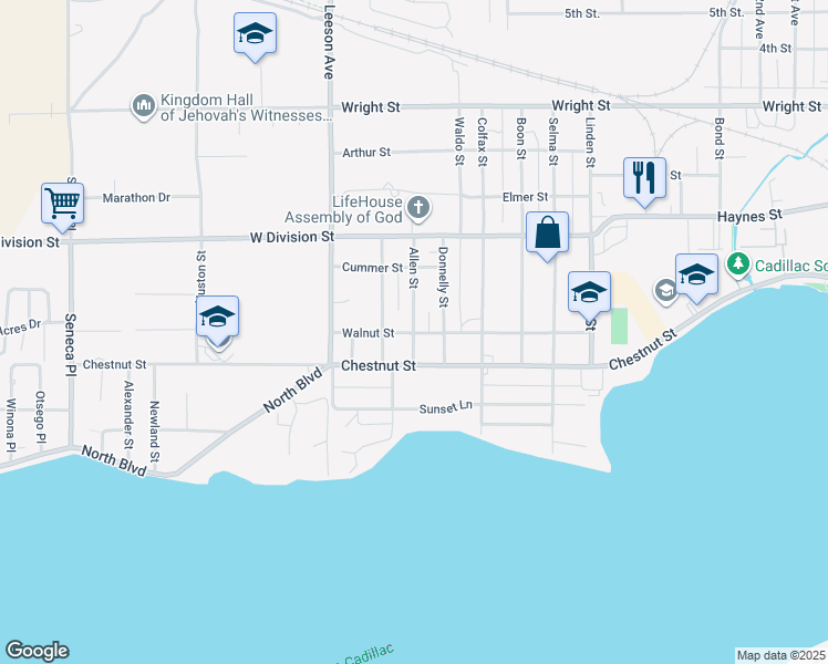 map of restaurants, bars, coffee shops, grocery stores, and more near 401 Allen Street in Cadillac