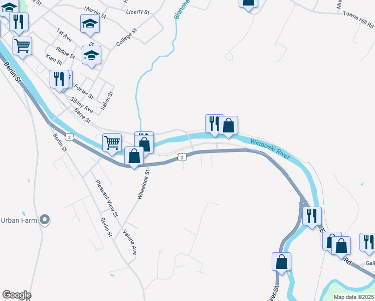 map of restaurants, bars, coffee shops, grocery stores, and more near 178 River Street in Montpelier