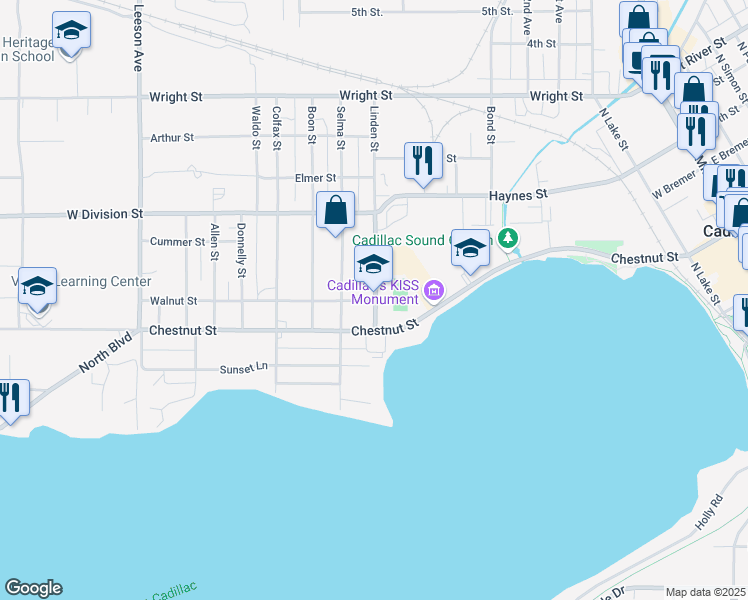 map of restaurants, bars, coffee shops, grocery stores, and more near 400 Linden Street in Cadillac