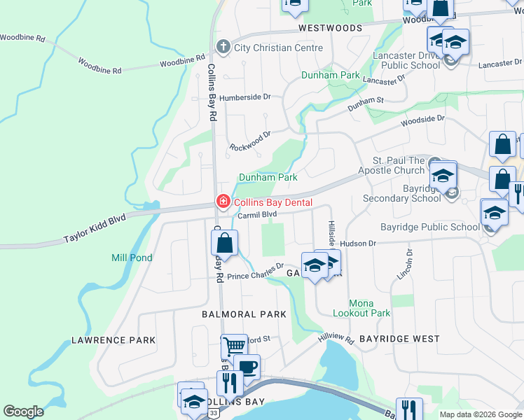 map of restaurants, bars, coffee shops, grocery stores, and more near 1232 Carmil Boulevard in Kingston