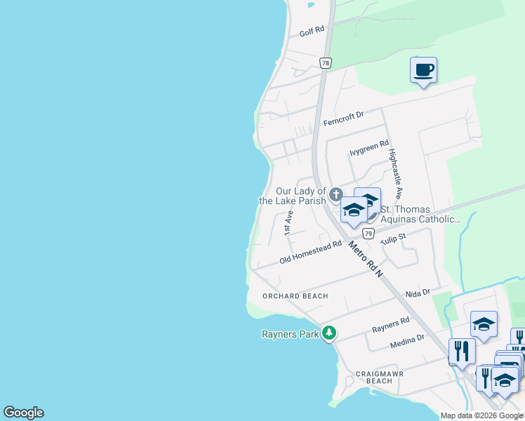 map of restaurants, bars, coffee shops, grocery stores, and more near 145 Lake Drive North in Georgina