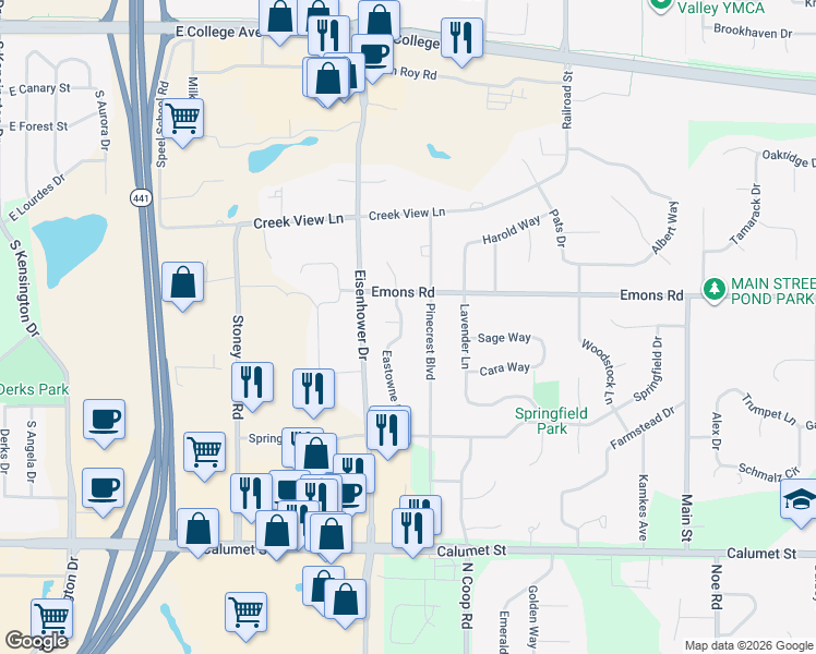 map of restaurants, bars, coffee shops, grocery stores, and more near 272 Eastowne Lane in Appleton