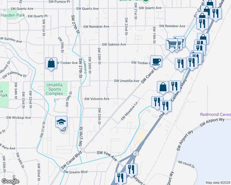 map of restaurants, bars, coffee shops, grocery stores, and more near 2817 Southwest 23rd Street in Redmond