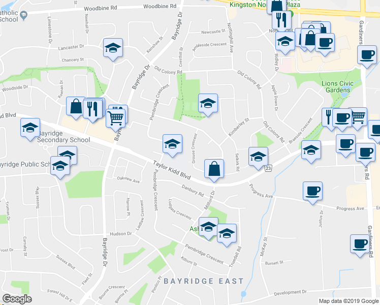 map of restaurants, bars, coffee shops, grocery stores, and more near 779 Grouse Crescent in Kingston