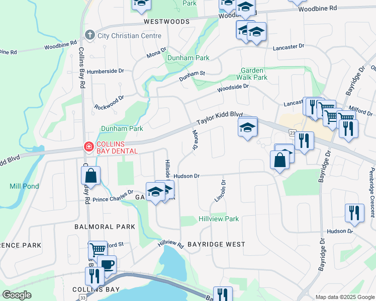 map of restaurants, bars, coffee shops, grocery stores, and more near 801 Mona Drive in Kingston