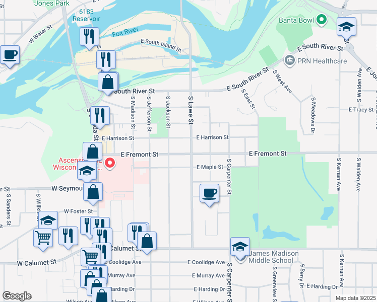 map of restaurants, bars, coffee shops, grocery stores, and more near 1327 South Lawe Street in Appleton