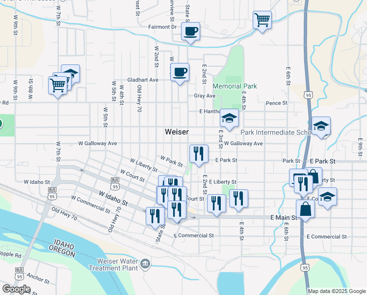 map of restaurants, bars, coffee shops, grocery stores, and more near 845 State Street in Weiser