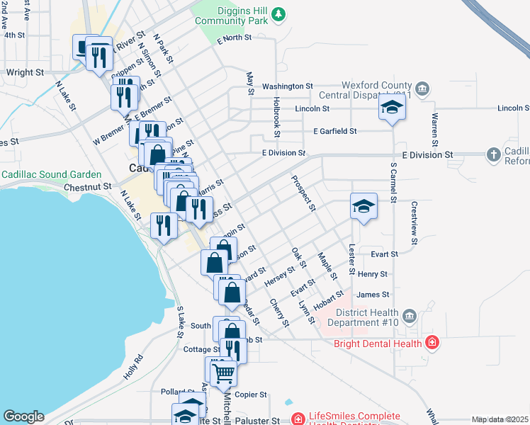 map of restaurants, bars, coffee shops, grocery stores, and more near 407 East Chapin Street in Cadillac